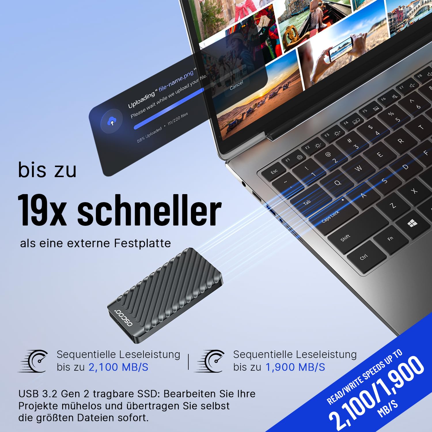 1TB SSD Festplatte Extern USB 3.2 Gen 2x2 Tragbare Festplatte Bis zu 2000 MB/s Duale USB Stick USB-A&USB-C Externer Speicher Kompatibel Android, Laptops, Tablets, Smart-TVs