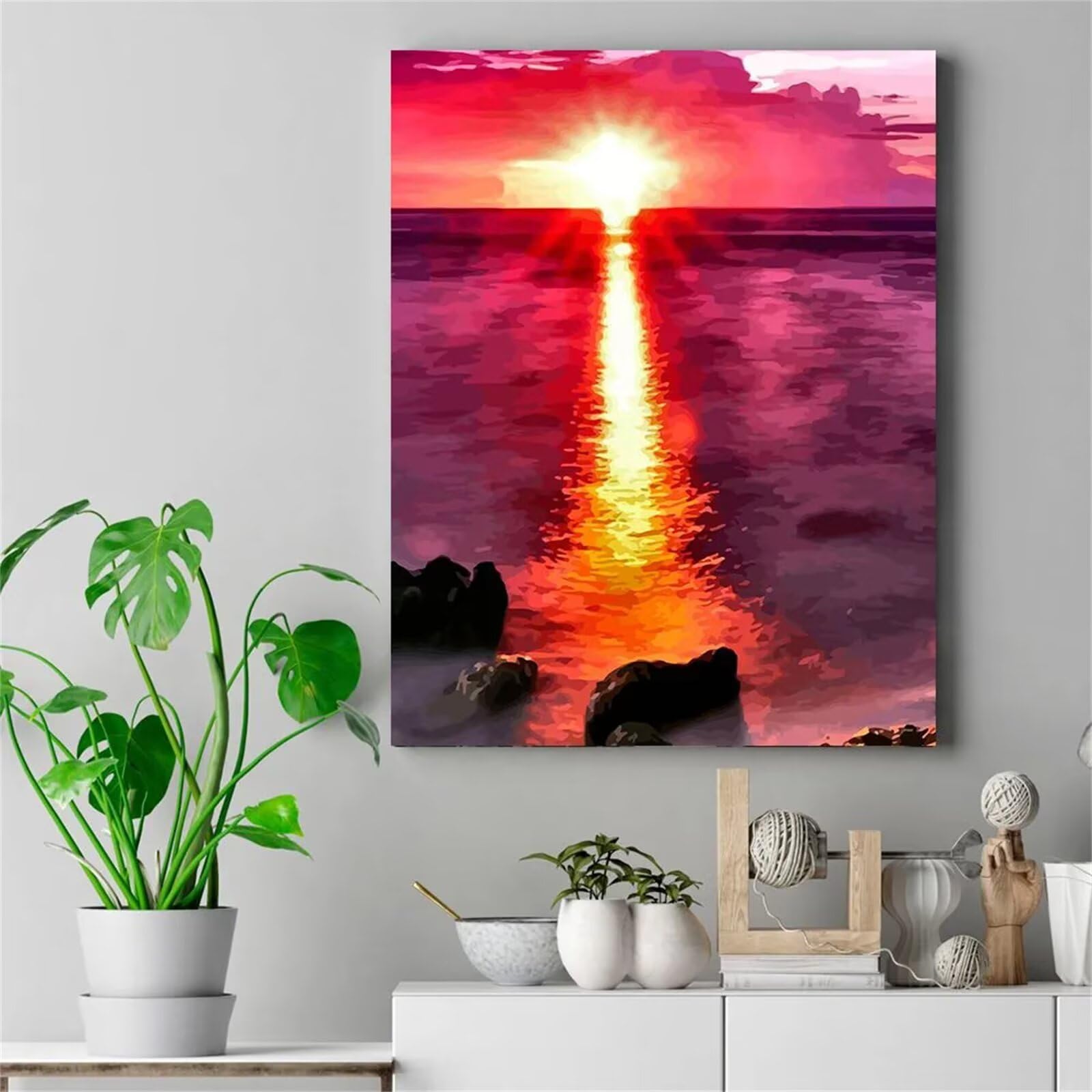 Malen nach Zahlen Erwachsene,Sonnenuntergangsmeer Malen Nach Zahlen Set für Kinder Anfänger DIY Digital Ölgemälde Kits auf Leinwand mit Pinseln und Acrylpigment ohne Rahmen für Home Wall Decor 60x75cm