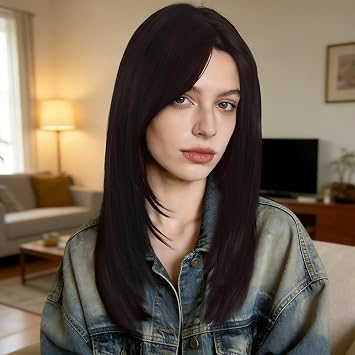 Layered Wig for Women with Wig Stand and Brush (Brown, Medium)