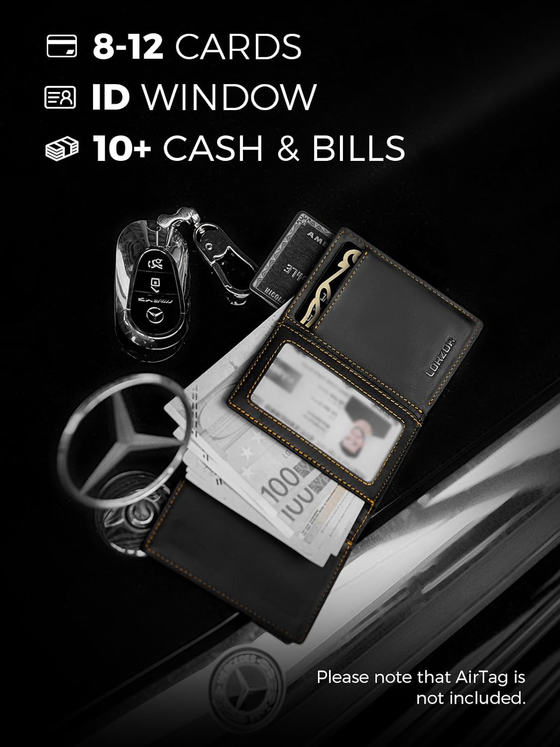 LORZOR AirTag Wallet - Full Grain Leather, Mens Minimalist Wallet with Apple Air Tag Holder, Slim Smart Pop up Card Case, ID Window, RFID Blocking, Front Pocket (AirTag Not Included) - Image 5