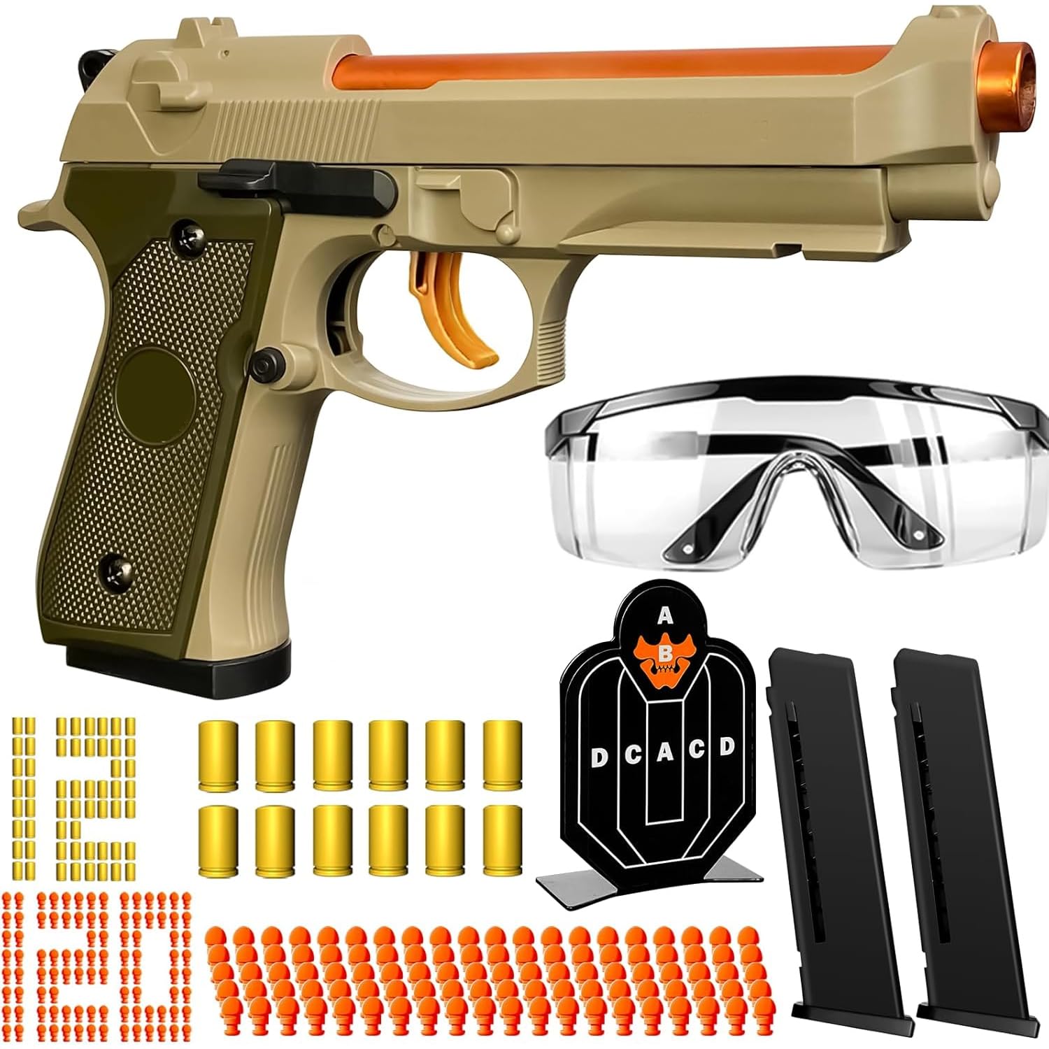 Shell Ejecting Toy Gun Semi Automatic Toy Pistol with 120 Bullets, Soft Bullet Toy Gun for Boys, Outdoor Shooting Game Educational Model Toy Model, Gift for Kids Age 8+ (M9 Khaki)
