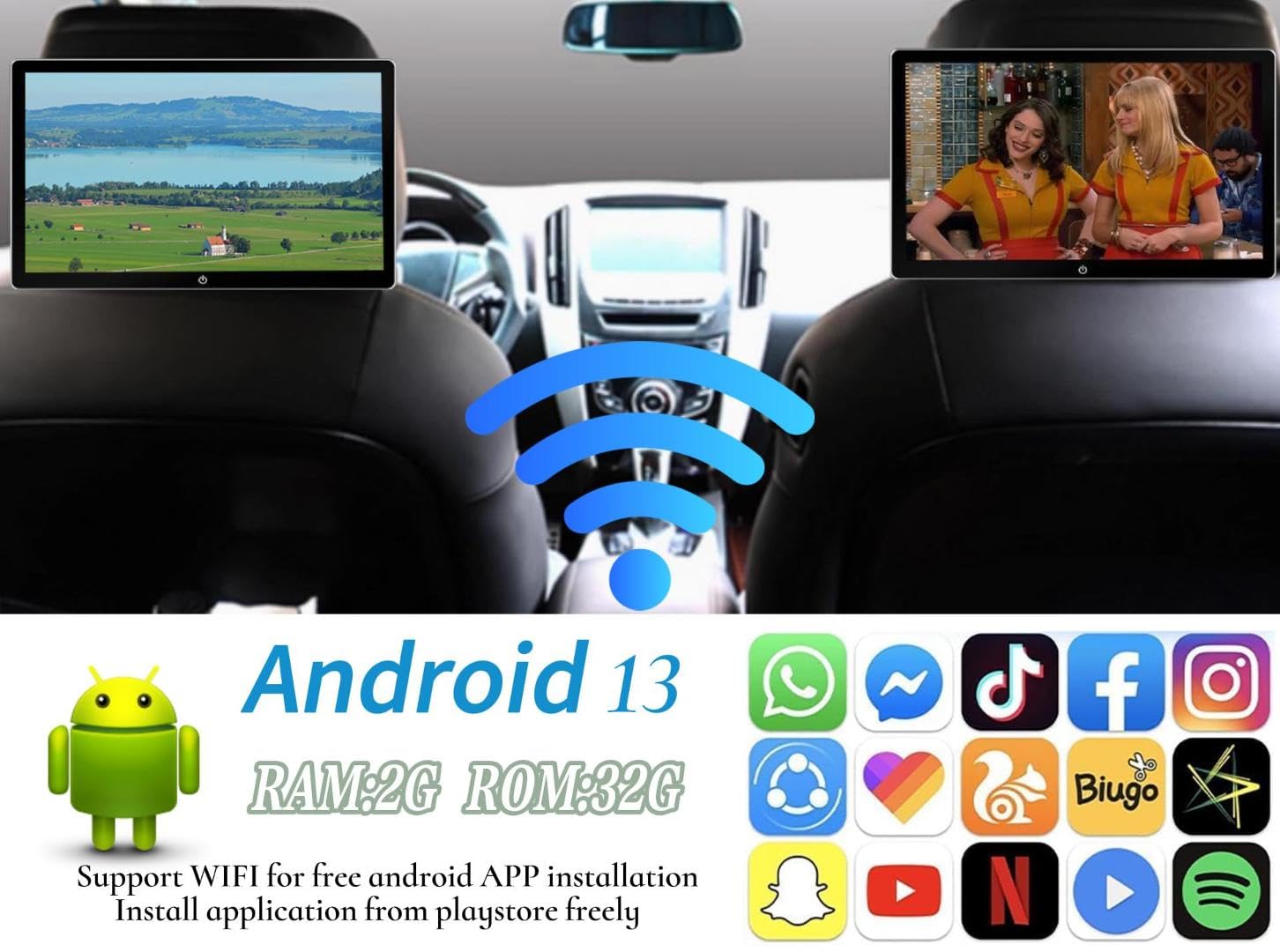 10,1 pouces 4K Android 13 Moniteur de appuie-tête pour voiture avec TV, support pour liaison miroir sans fil de téléphone, écran tactile, entrée HDMI, tablette USB/carte SD lecteur