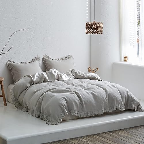 Miniatura 7 de Simple&Opulence - Juego de funda de duvet de 2 piezas, 100% lino con volantes, estilo campestre, vintage y elegante, incluye 1 funda de duvet y 1