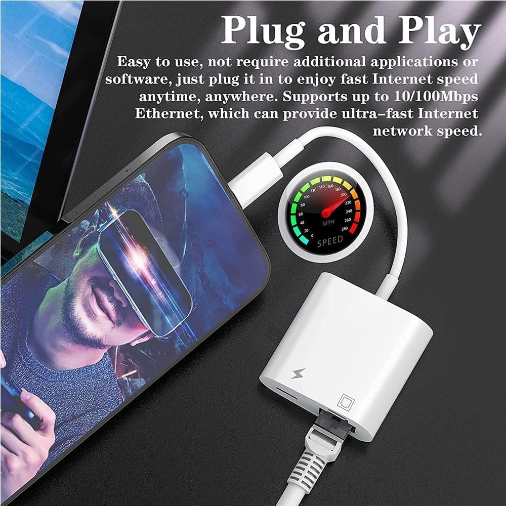 Apple MFi Certified Lightning to Ethernet Adapter, 2 in 1 Rj45 Ethernet LAN Network Adapter, iPhone/iPad/iPod Compatible, Supports 100Mbps, Plug and Play