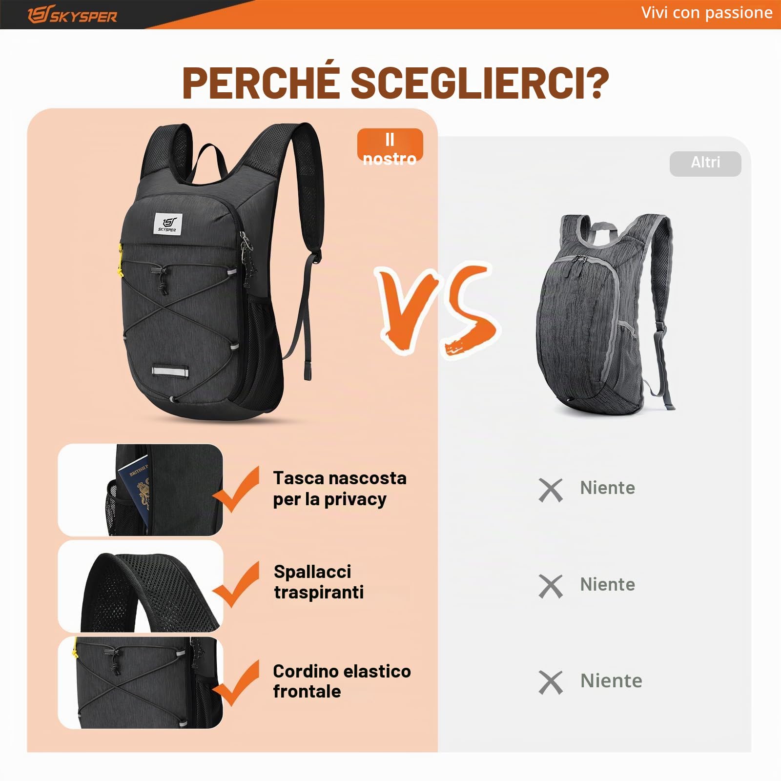 SKYSPER Zaino Trekking 10L, Zaino Ultraleggero Pieghevole Piccolo Zaino per Uomo Donna Zaino da Trekking per Viaggio Escursoione Gita Bici