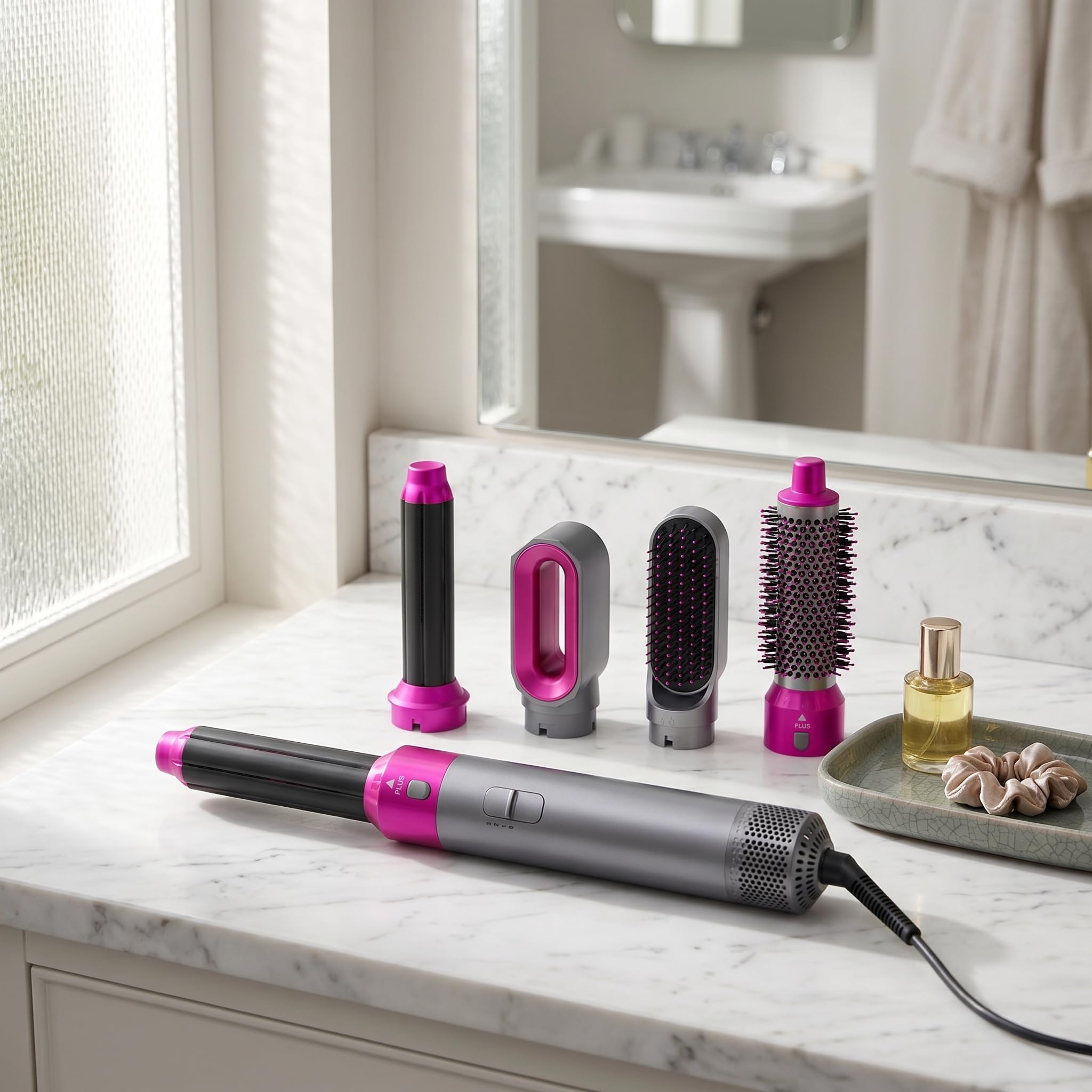 5 in 1 Hairstyler Set - Air Styler set mit 1000W Warmluftbürste mit Föhn, Lockenstab, Glättbürste – Trocknen, Glätten, Locken für alle Haartypen, Luftcurler Stylinggerät