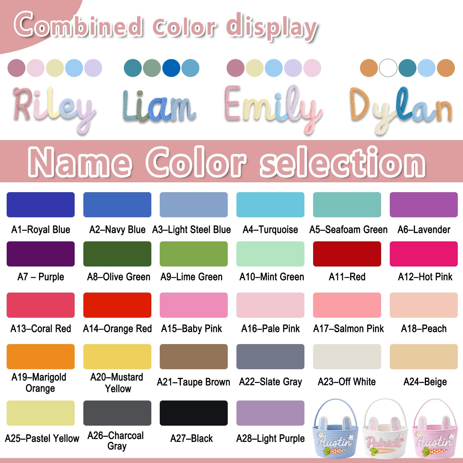 Personalized Easter Baskets, Custom Name & Icon Easter Basket with Cute Ears, Hand-Woven Easter Egg Hunt Bag, Customized Easter Gifts Decor for Boys Girls, Cotton Rope Tote Color01 - 4