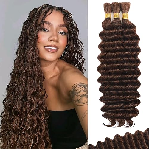 Afihond Human Braiding Hair For Boho Braids Deep Water Wave Human Bulk Hair for Braiding 12A Brazilian Virgin Human Hair Extensions for Boho Braids 3 Bundles/Pack 110g Chocolate Brown 20inch