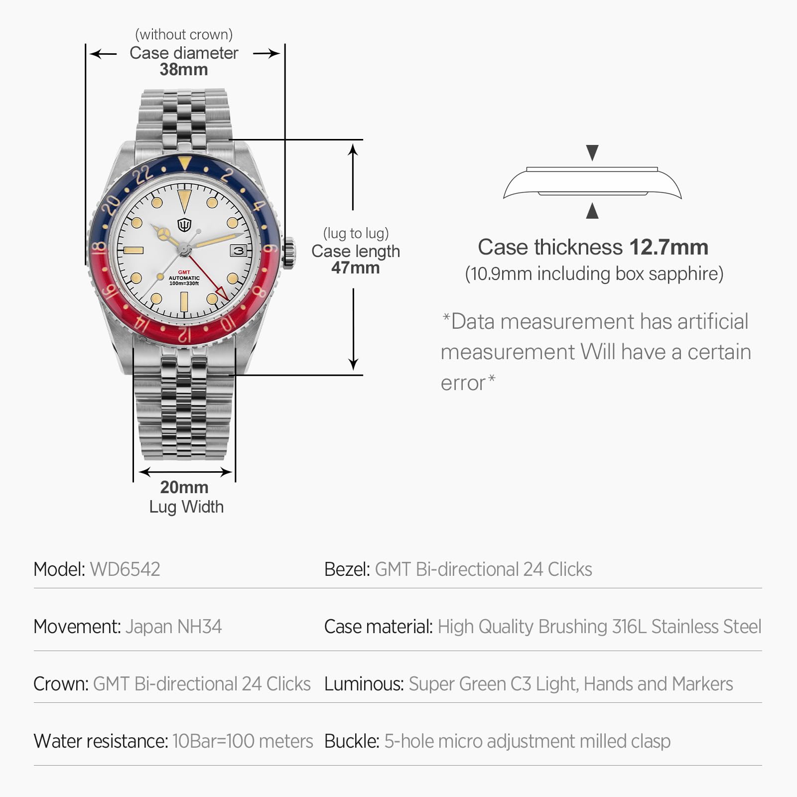 watchdives Relojes GMT para Hombres, WD6542 Reloj Hombre NH34 Automático Reloj De Pulsera 38mm Cristal De Zafiro Abombado Burbuja Relojes 100M Resistente Al Agua