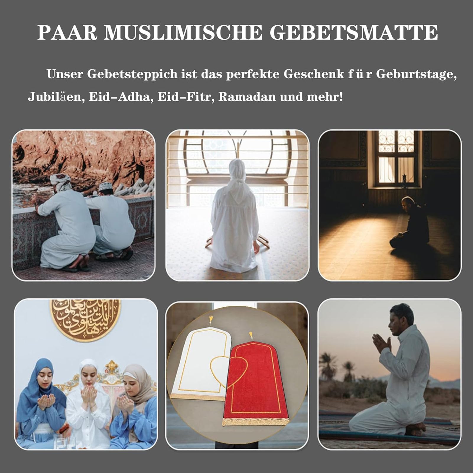 Ensemble de tapis de prière musulmane épais et doux en imitation cachemire pour couples, Ramadan, Aïd, Bayram, cadeau islamique (noir blanc, 80 x 140 cm)