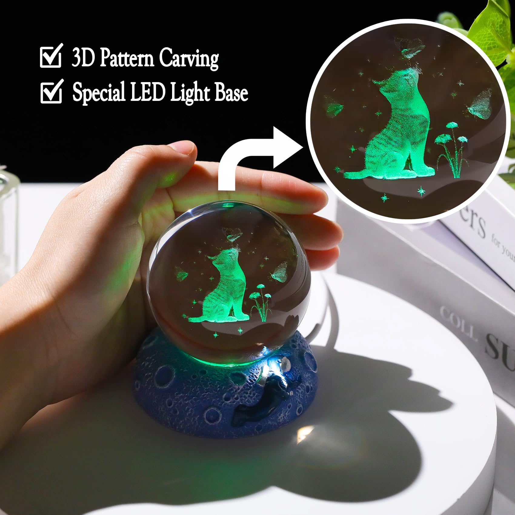 Movdyka Crystal 3D Cat and Butterfly 2.36in Ball Figurine Gifts for Women Glass Animal Art Sphere for Room with Space Light Base Keepsakes for Kitty Lover Home Ornament Paperweight - Image 4