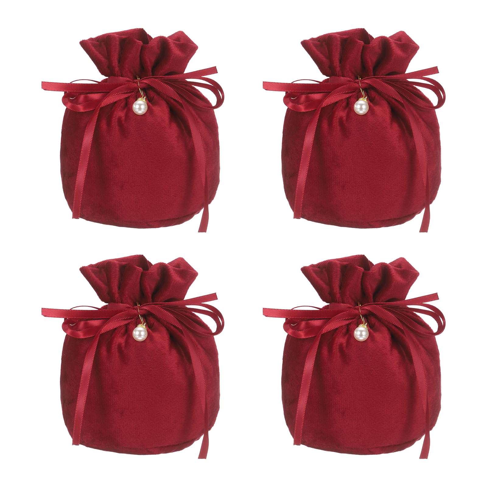 PATIKIL Velvet Drawstring Bags, (6 x 5 Inch, Dark Red) (4 Pcs), Flannel Jewelry Bags with Pearl Mini Candy Packaging Storage Pouches, Suit for - Wedding/Favor/Party/Birthday