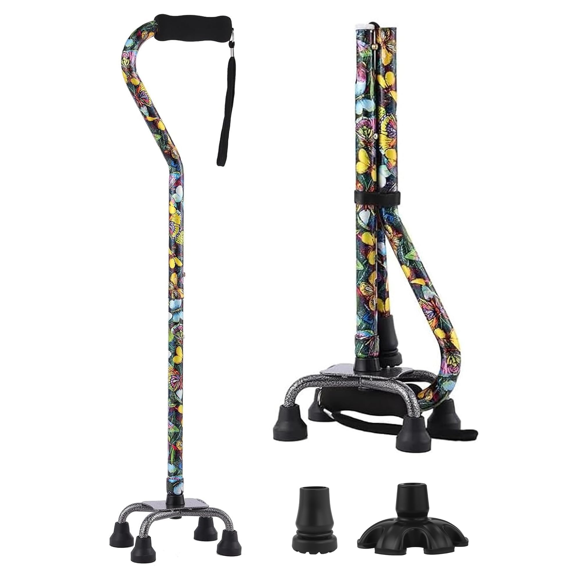 Quad Cane YOKABOZE regulowana laska do chodzenia z 4-zębową podstawą dla dodatkowej stabilności silikonowy uchwyt i wymienna lekka aluminiowa laska do chodzenia dla mężczyzn i kobiet