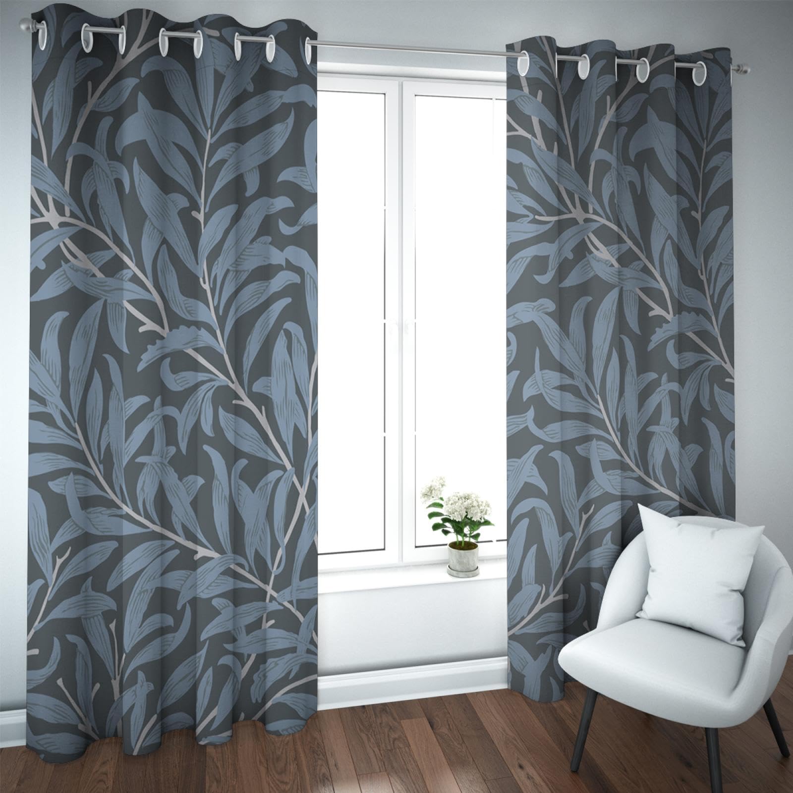 CHERHERART William Morris Willow Leaf Curtains - Rustic Aesthetic Art Theme Window Treatment Dark Blue Leaves Blackout Curtains 2 Panels Set W66xL90 — image 1
