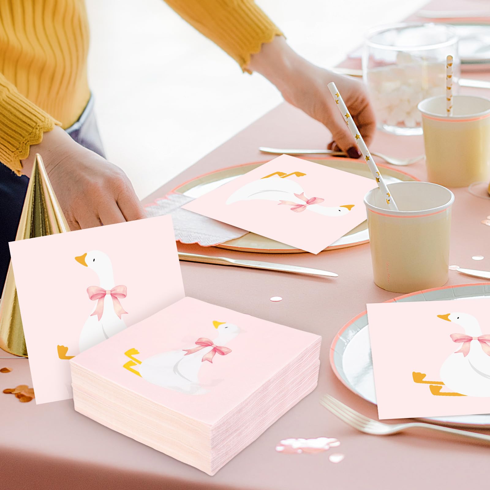FYSUIMU 50 servilletas de papel de ganso tonto con lazo rosa, servilletas desechables para almuerzo, cena, para cumpleaños, baby shower, fiesta, suministros de mesa