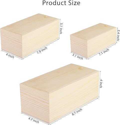 Miniatura 2 de Aodaer Paquete de 3 cajas de madera sin terminar con tapa deslizante, caja de madera de pino en blanco, caja de joyería de madera para