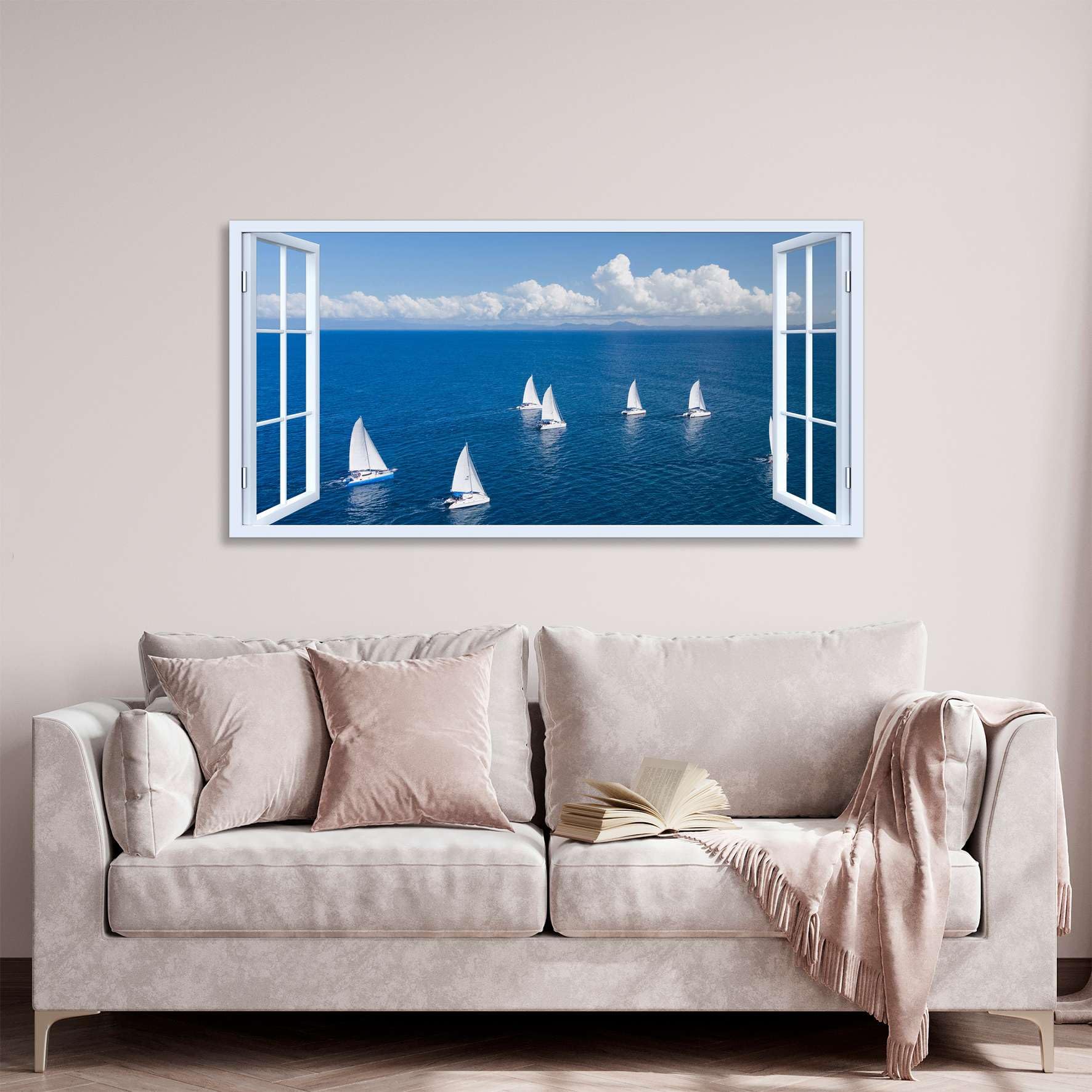 Generico Quadro finestra Barche a Vela sul Mare - Stampa su tela con telaio in legno - 140x70 cm