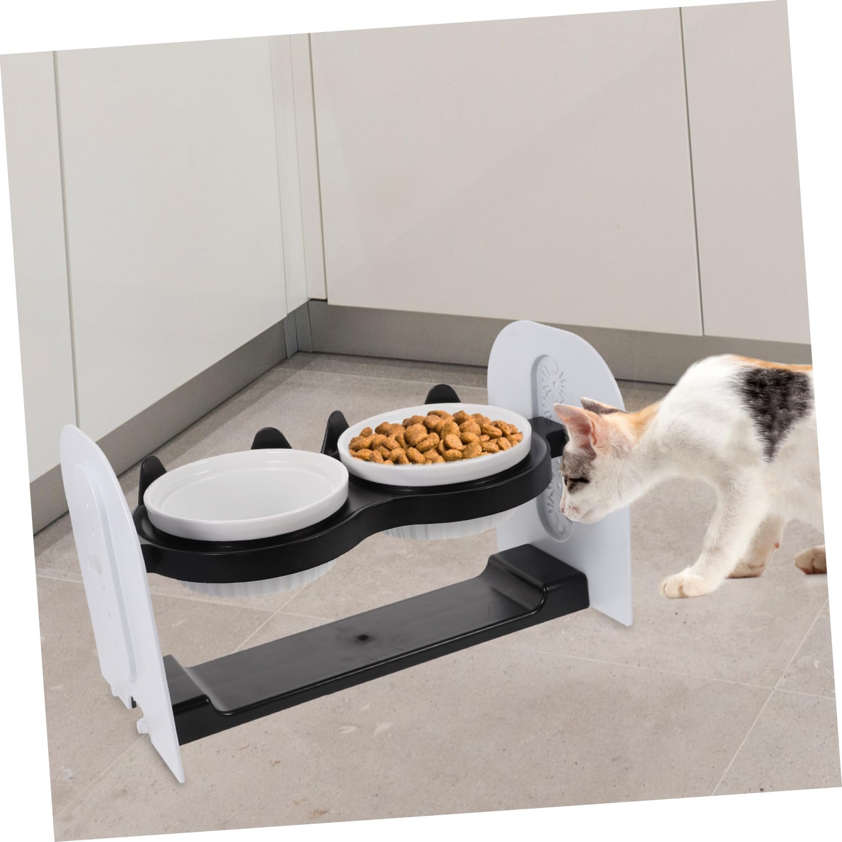 SOIMISS Keramik Futternapf für Katzen und Kaninchen Doppelter Trink- und Futternapf mit Neigbarem Design und Verstellbarer Höhe Schräger Napf für Bequemes Fressen