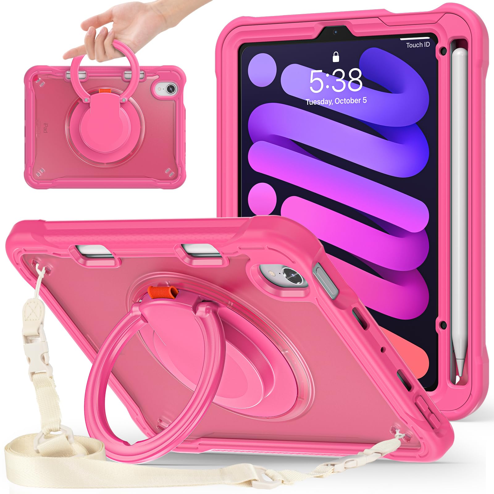 PboyiqiS For iPad Mini 7 2024 ケース,iPad Mini 6 ケース2021 8.3インチ半透明ケース,360°回転スハンドホルダー ス,スタンド機能 耐衝撃 頑丈 調節可能肩掛けー付き 落下防止 アウトドア,多機能実用全面保護ケース ペンホルダー付き (ローズレッド, iPad Mini 7/6)