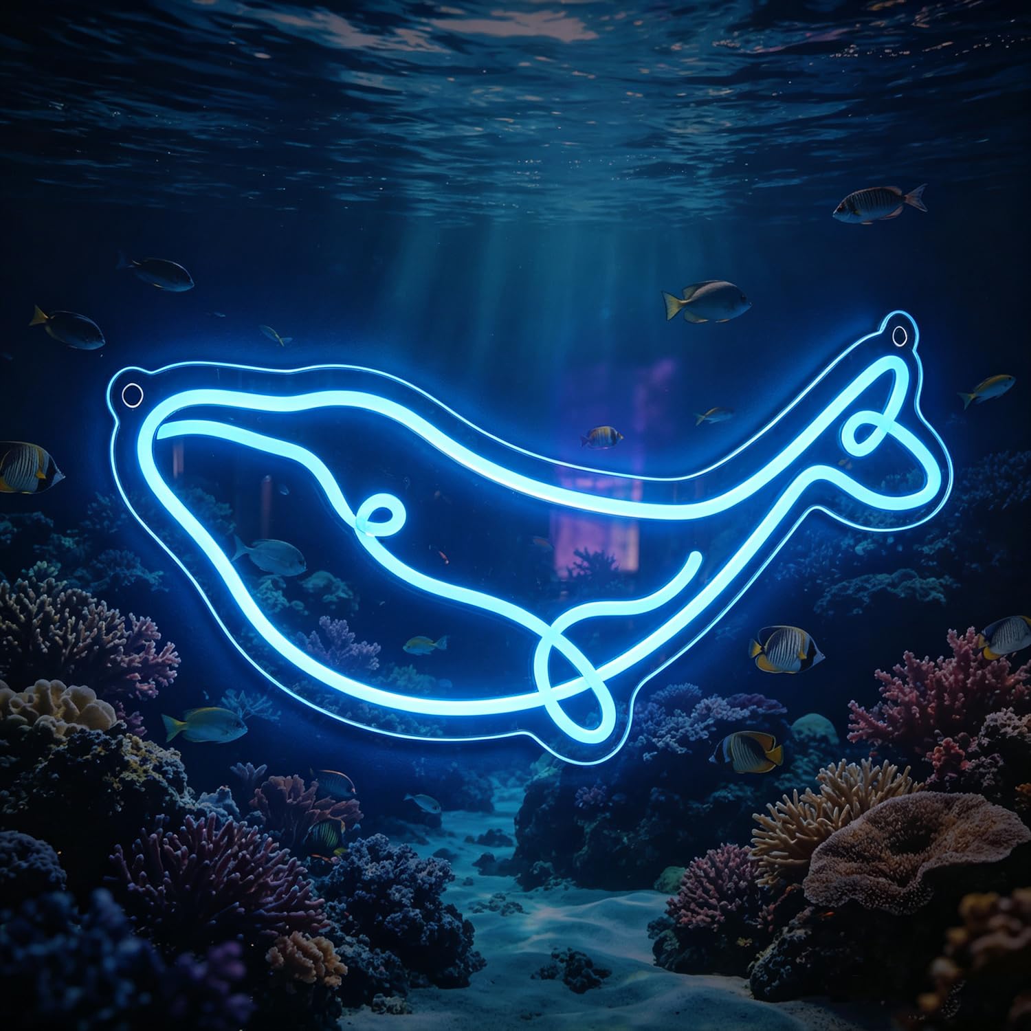 Whale Neon Sign Blue Dimmable Led Animal Sign, Business Animal Bar Neon Signs Accessories Light Up for Wall Decor USB Powered Bright Animals Signs for Shop and Station 16.14”x6.30”