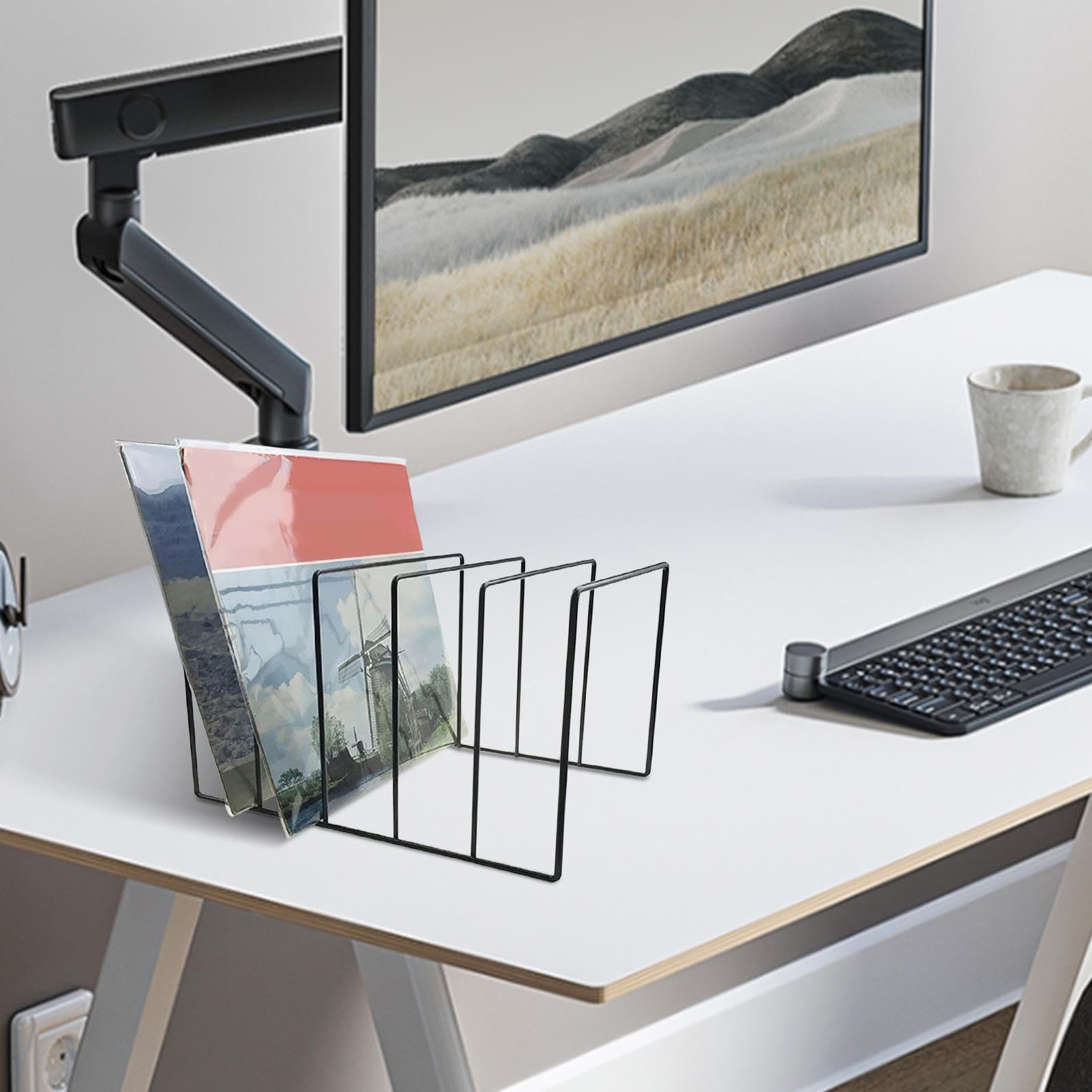 Moderno supporto per dischi in vinile da scrivania, espositore per LP, riviste e documenti, soluzione elegante per casa e ufficio