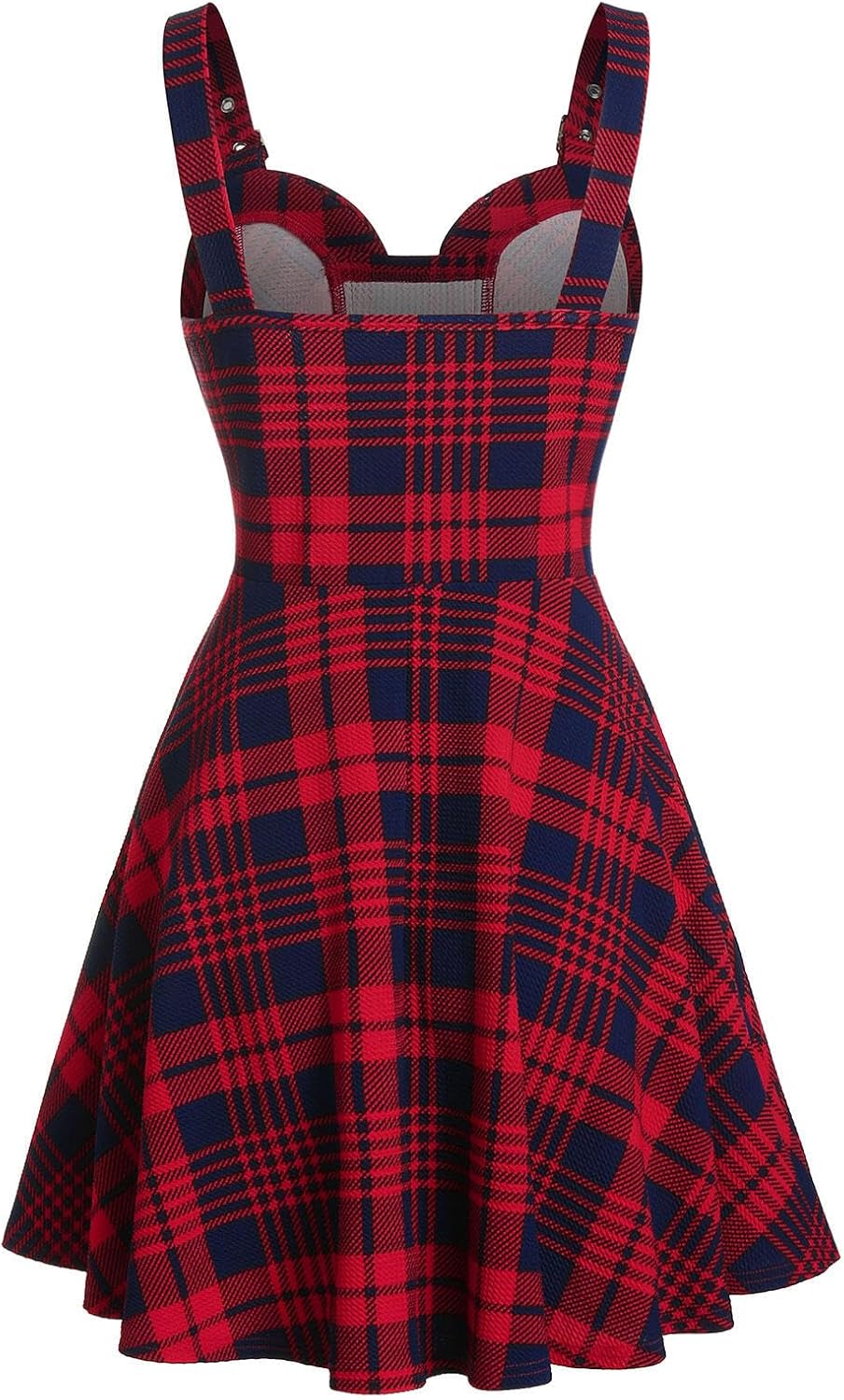 DRESSFO Women's Gothic Dress Plaid Print Lace-up Front Buckle Strap Dress Retro Empire Waist Dress Vintage 1950s Dresses