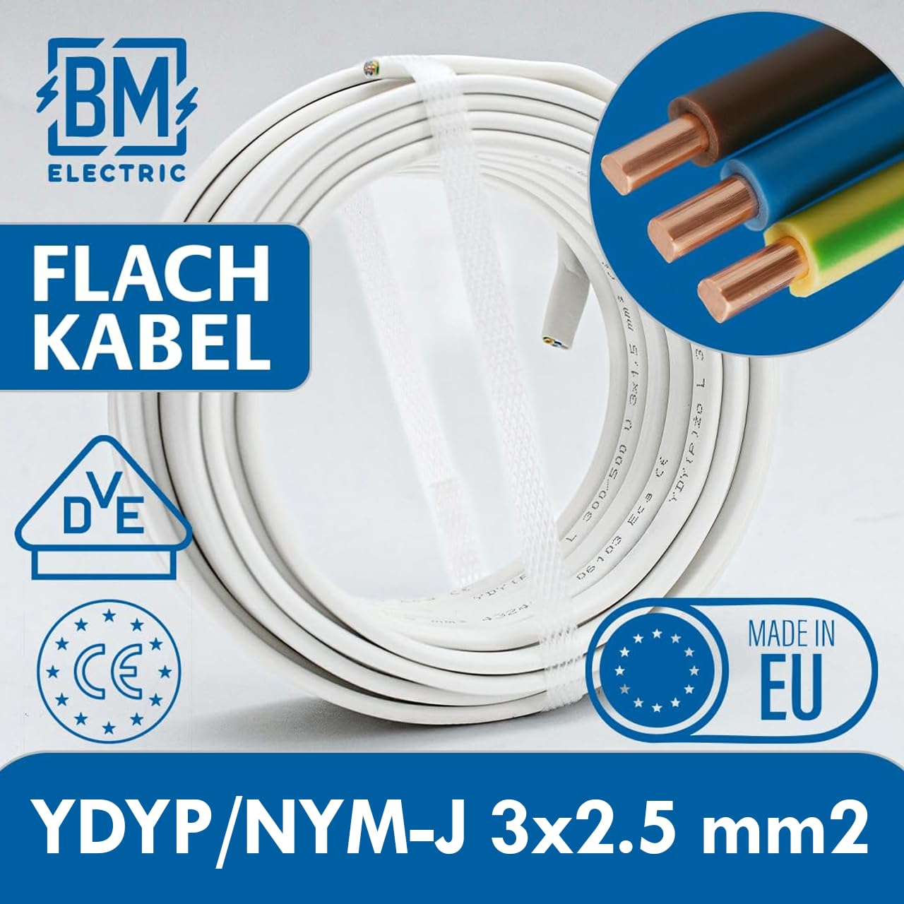 YDYp Câble d'installation plat NYM-J 3 × 2,5 mm², profilés 11 × 6 mm, conducteurs en cuivre 300/500 V, gris PVC Sheath, installation fixe pour pièces sèches, vapeur, pièces humides, cœurs