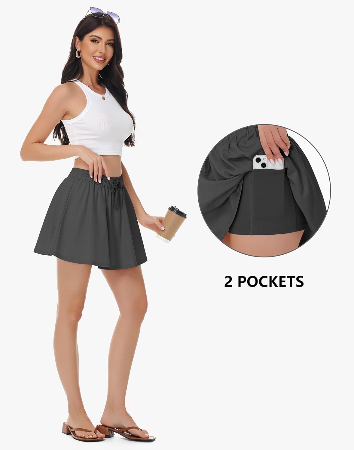 Womens Cotton Linen Skorts Skirts Pleated Cute Dark A-Line Skirts with Pockets Inner Shorts - Image 3