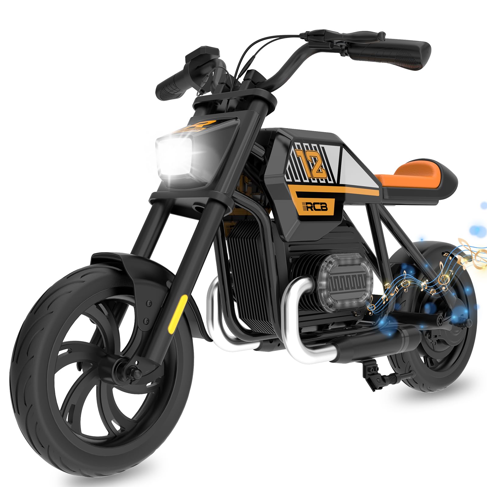 RCB R9 Kinder-Elektromotorrad, Elektro Motorrad mit Lautsprecher, 10/15/25KMH&15KM Reichweite, Stimmungsbeleuchtung, 12-Zoll-Luftreifen für Kinder 6+ Jahren
