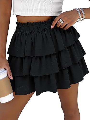Caracilia Summer Skorts for Women Flowy High Waist Ruffle Tiered Mini Skirts 2026 Casual Beach Vacation Skirt Built-in Shorts Black Medium