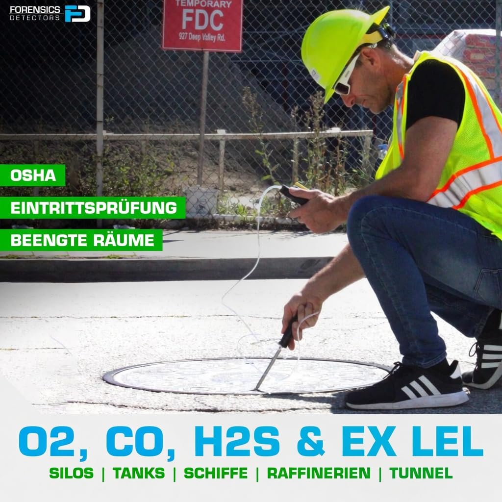 4-Gas-Messgerät mit Pumpe und Sonde | EU-Kalibrierzertifikat | Integrierte Pumpe und 4-Fuß-Sonde | Sauerstoff (O2), Kohlenmonoxid (CO), Schwefelwasserstoff (H2S), EX%UEG