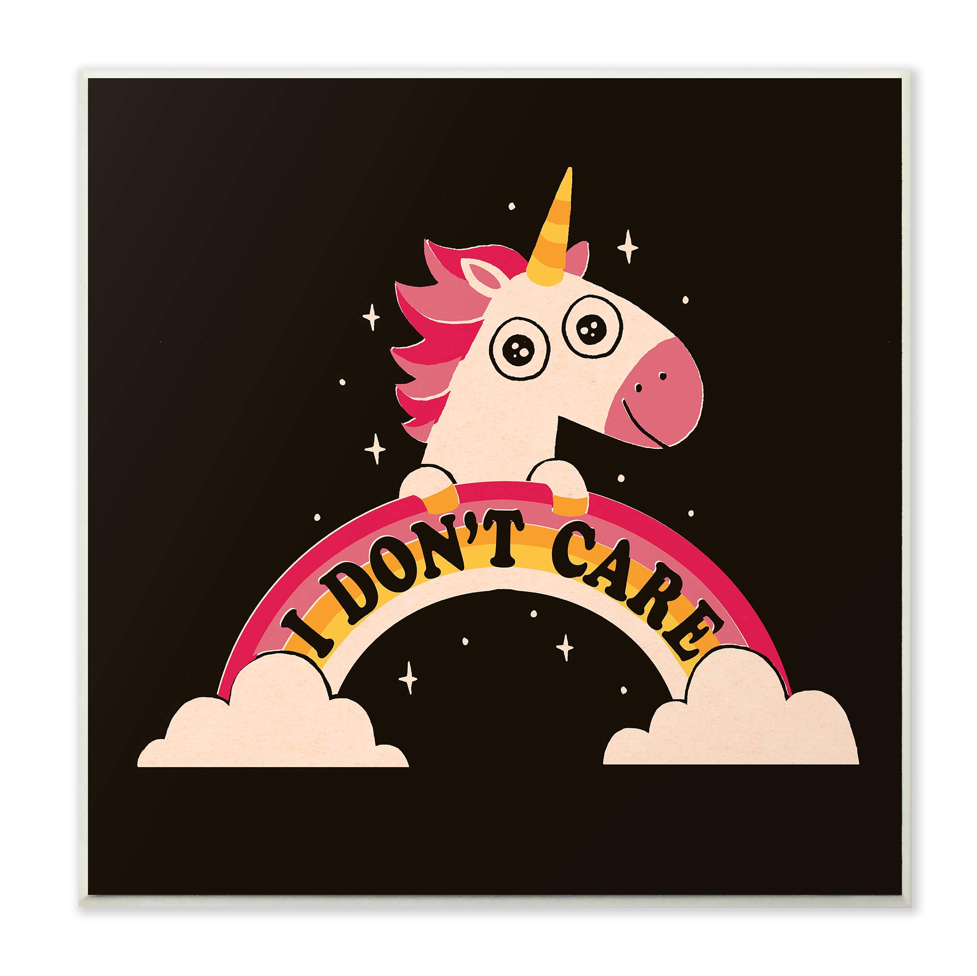 Stupell Industries The Kids Room Pink and Yellow Unicorn with Rainbow Doesn’t Care Wall Plaque Art, 12 x 12, Proudly Made in USA