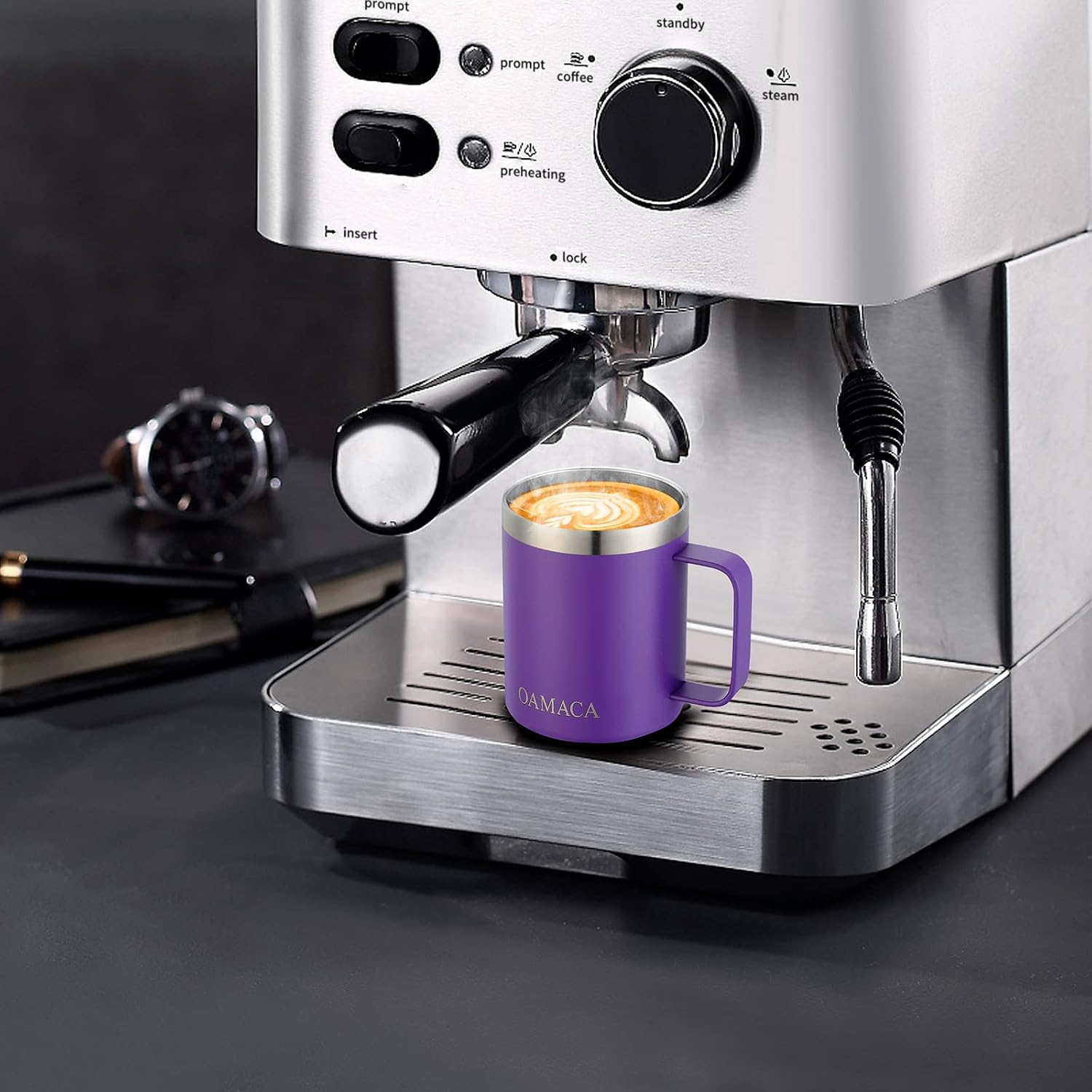 Oamaca 12OZ Coffee Mug with Lid, Vacuum Insulated Travel Tumbler with Handle,Double Wall Stainless Steel Powder Coated Mug Cup,Spill-proof Outdoor Thermos Cup for Hot & Cold Drinks,Purple