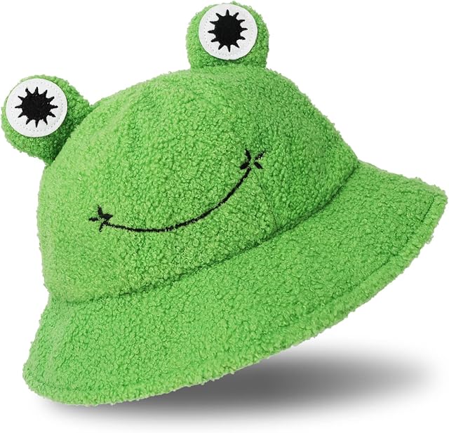 Whaline Plush Frog Hat Cute Green Packable Bucket Hat Autumn Winter Keep Warm Funny Animal Hat for Adults Women Men Outdoor Indoor Activities