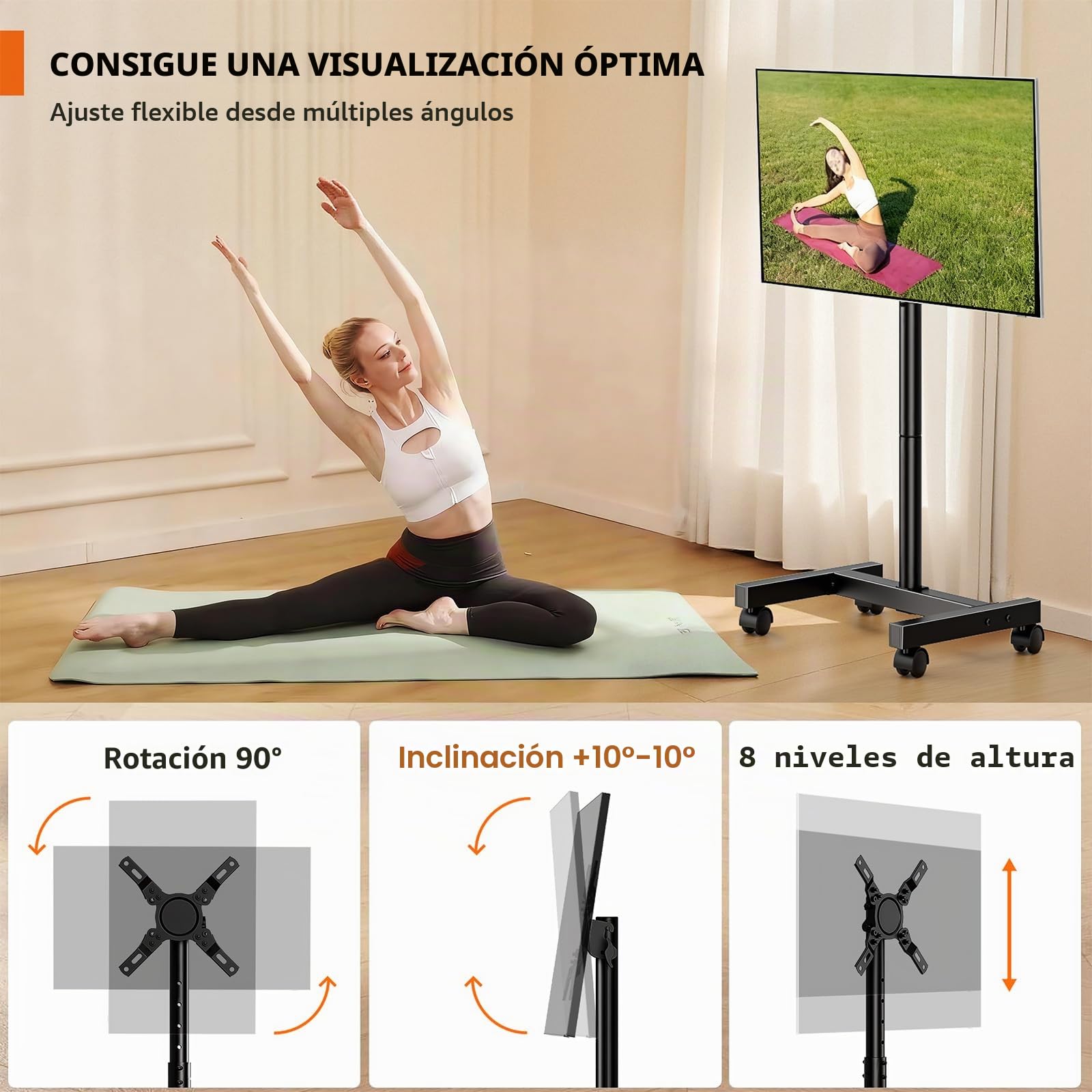 HEMUDU Soporte TV con Ruedas 13-50" 20kg | Soporte TV pie Altura Ajustable | pie para TV inclinable VESA 200x200 HT1007TBM