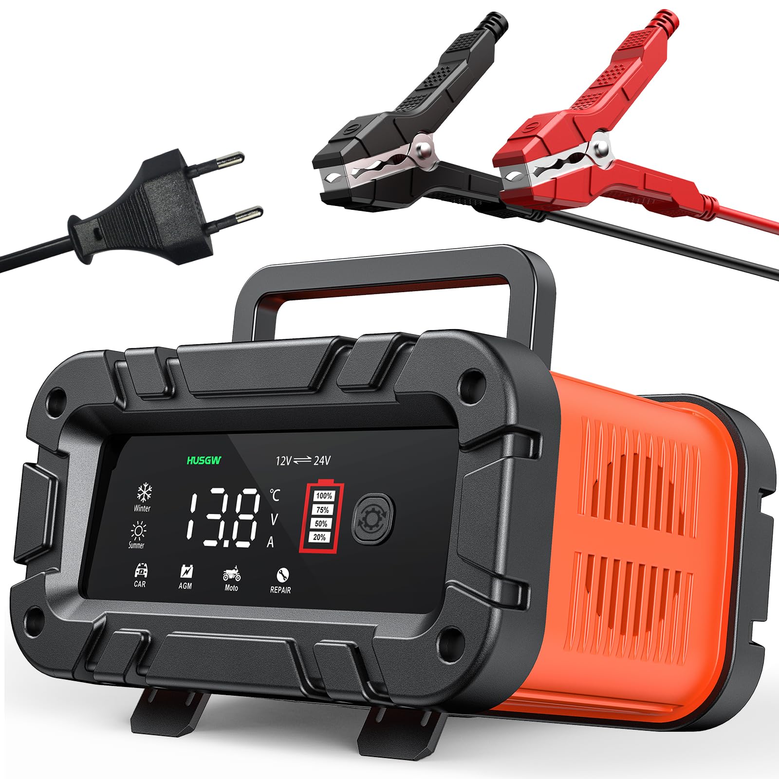 Cargador de batería de Coche Inteligente de 12V/24V 10A, Cargador Completamente Automático y Pantalla LCD, para Coche,Moto,camión,AGM,Gel,SLA (2-100 AH)