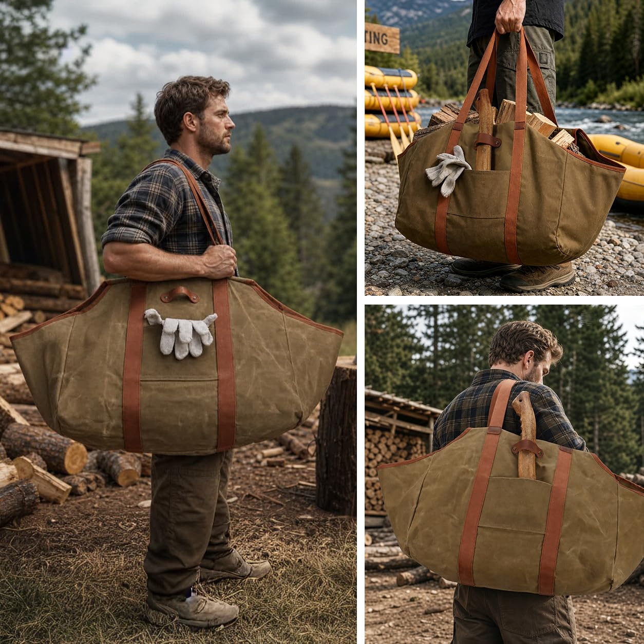 Borsa per legna da ardere in tela cerata resistente, con passante per ascia | Grande capacità, cinturino con fibbia a sgancio rapido, doppie maniglie per il trasporto, tasca frontale per attrezzi