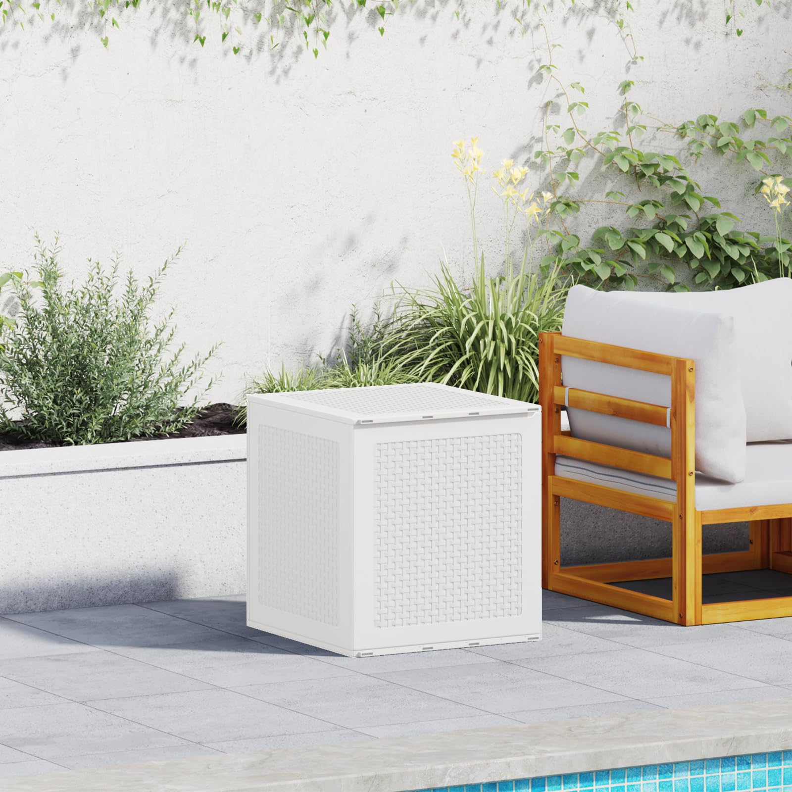 Weiße Gartentruhe aus PP Kunststoff 55x53x57 cm, Wetterfeste Aufbewahrungsbox für Terrasse Balkon Garten, Robuste Outdoor Lagerbox, UV-beständig und Wasserdicht, Einfache