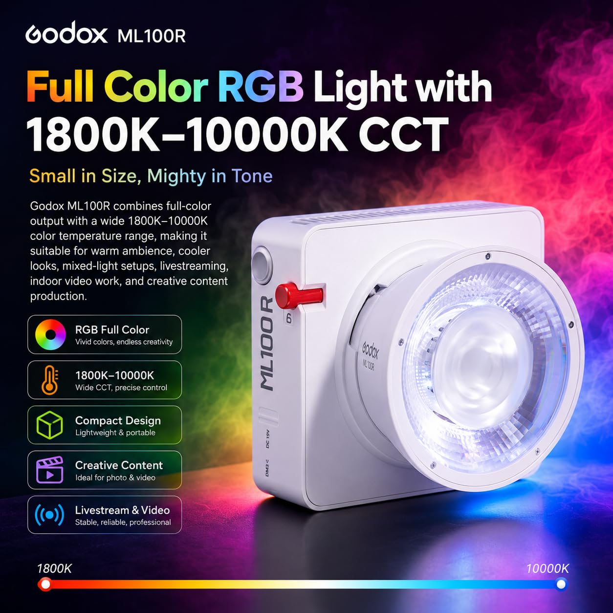 Godox ML100R Kit3 Luce Video LED RGB ca.110W, Riflettore 15° & 36° Incluso, 12900Lux @1m, 1800K-10000K, 14 Effetti FX, Impugnatura Batteria BG02, Godox Mount per Vlog