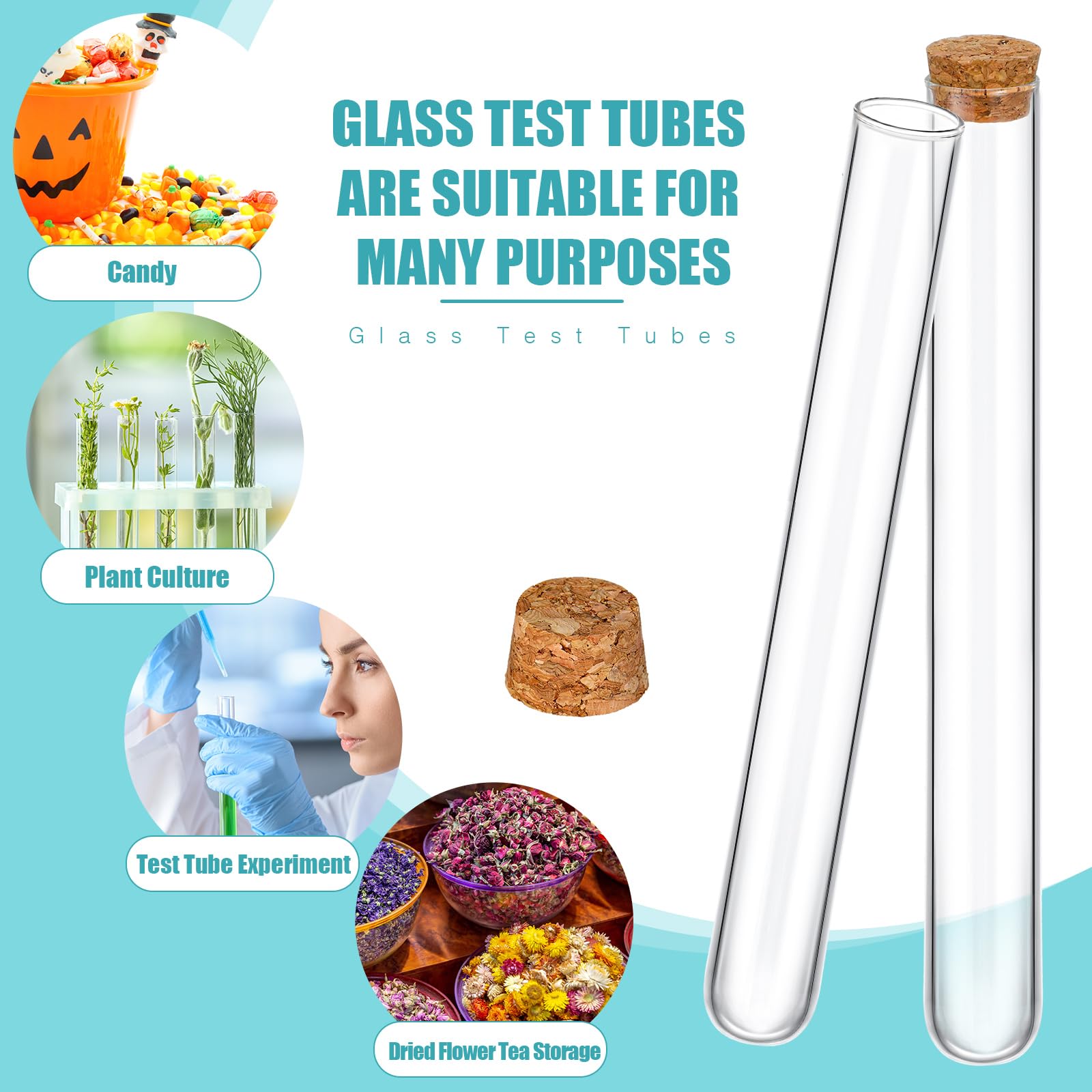 Thyle 100 tubos de ensayo de cristal con tapón de corcho transparente, fondo redondo, para pruebas de laboratorio, almohadillas de alcohol, recipientes para plantas, experimentos científicos