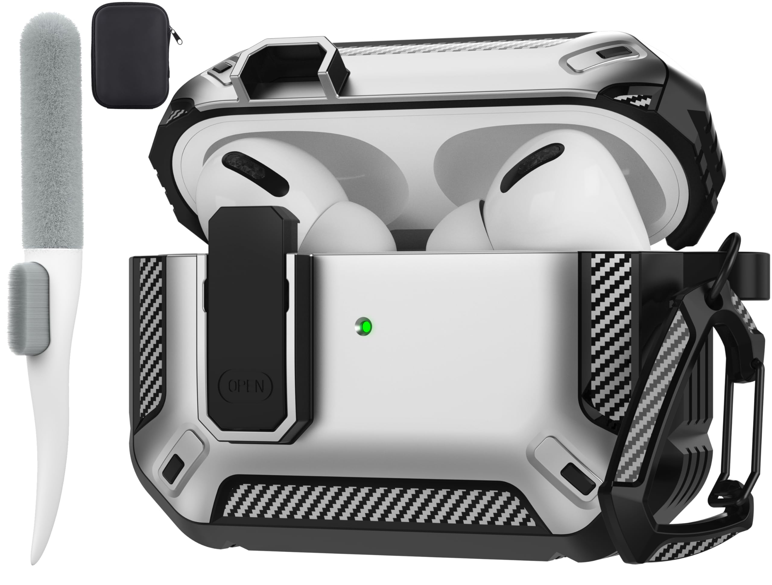 Maxjoy for AirPods Pro Case Cover with Lock, AirPods Pro 1st Generation Case for Men Military Rugged Protective Cover with Keychain Compatible with Apple AirPod Pros 2019 Front LED Visible, Silver