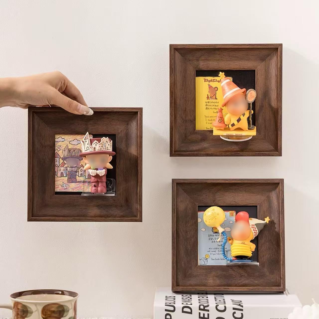Blind Box Figure Display Frame 6.8 x 6.8 Inch,Nail-Free Walnut Finish Wall Mount, for Popmart Toy Displays& Mini Action Figure Collectibles PAZYNORA