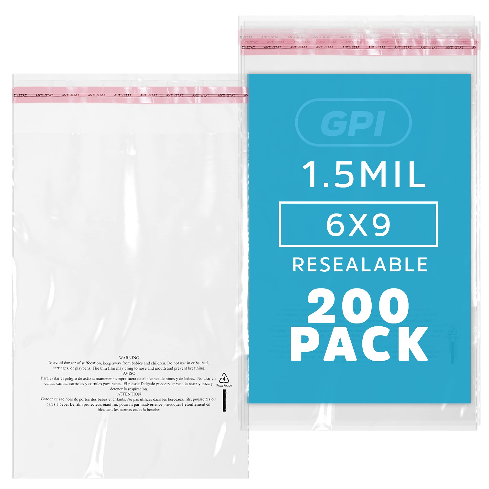 GPI - Pack of 200 6" x 9" Clear SELF Seal Poly Bags - 1.5 Mil - Resealable Polybags with Adhesive Strip & Suffocation Warning for Packaging T Shirts Clothing. Perfect for Shipping Supplies with FBA