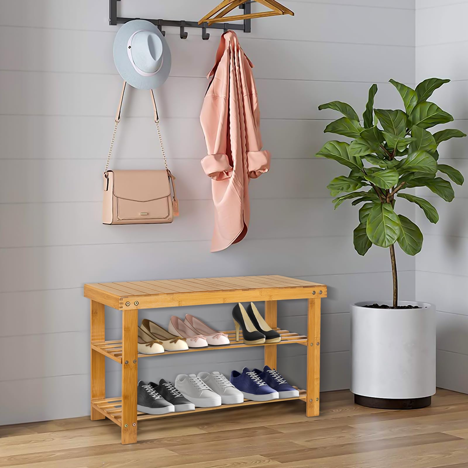 Kedia Schuhbank aus Bambus, Schuhschrank mit 2 Ebenen, Eingangsmöbel, Hocker mit Schuhregal, 70 x 27 x 42 cm (Holzfarbe)