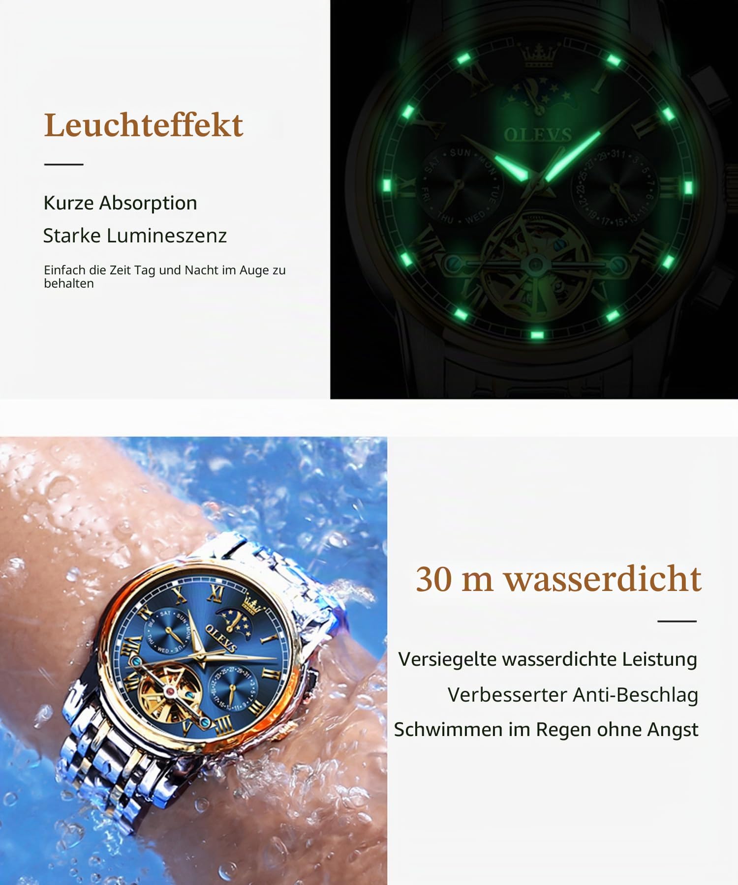 OLEVS Paar Uhren Set mit automatischem mechanischen automatischen Aufzug für Herren Damen Uhren Leuchtend Wasserdicht Edelstahl High-End Casual Business Uhr, 6617-6602, goldfarbenes grünes Armband,