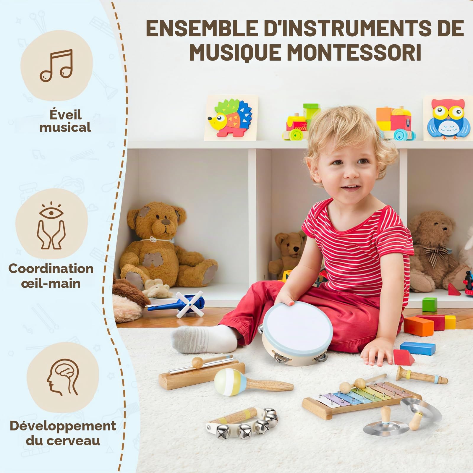 POGOLAB Instruments de Musique pour Enfant, Jouet en Bois Musicaux Montessori, Cadeau Garçons Filles 3, 4, 5 Ans, Instruments de Percussion avec Xylophone Tambour Maracas