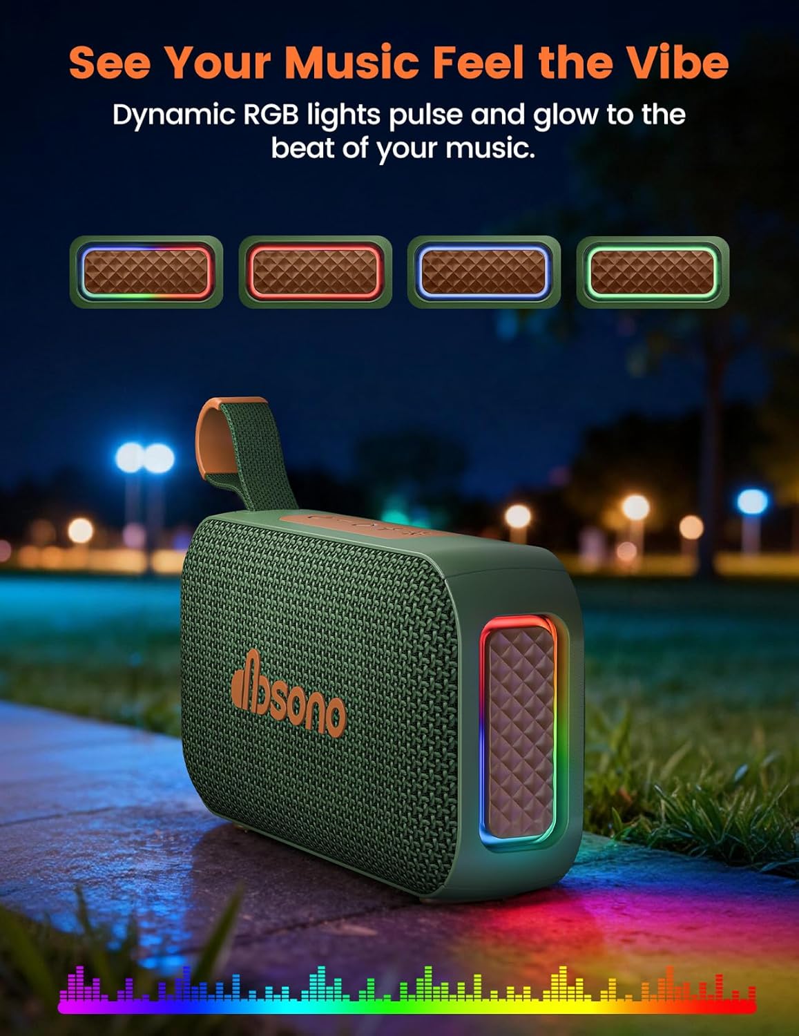 Bluetooth Speaker Stereo 20W Loud Sound: 30H Playtime, IPX5 Water Resistant, Portable Wireless Speakers, Powerful Bass, Lightshow, Birthday Gifts for Men/Adults/Teens, Beach Vacation Essentials, Green - Image 5