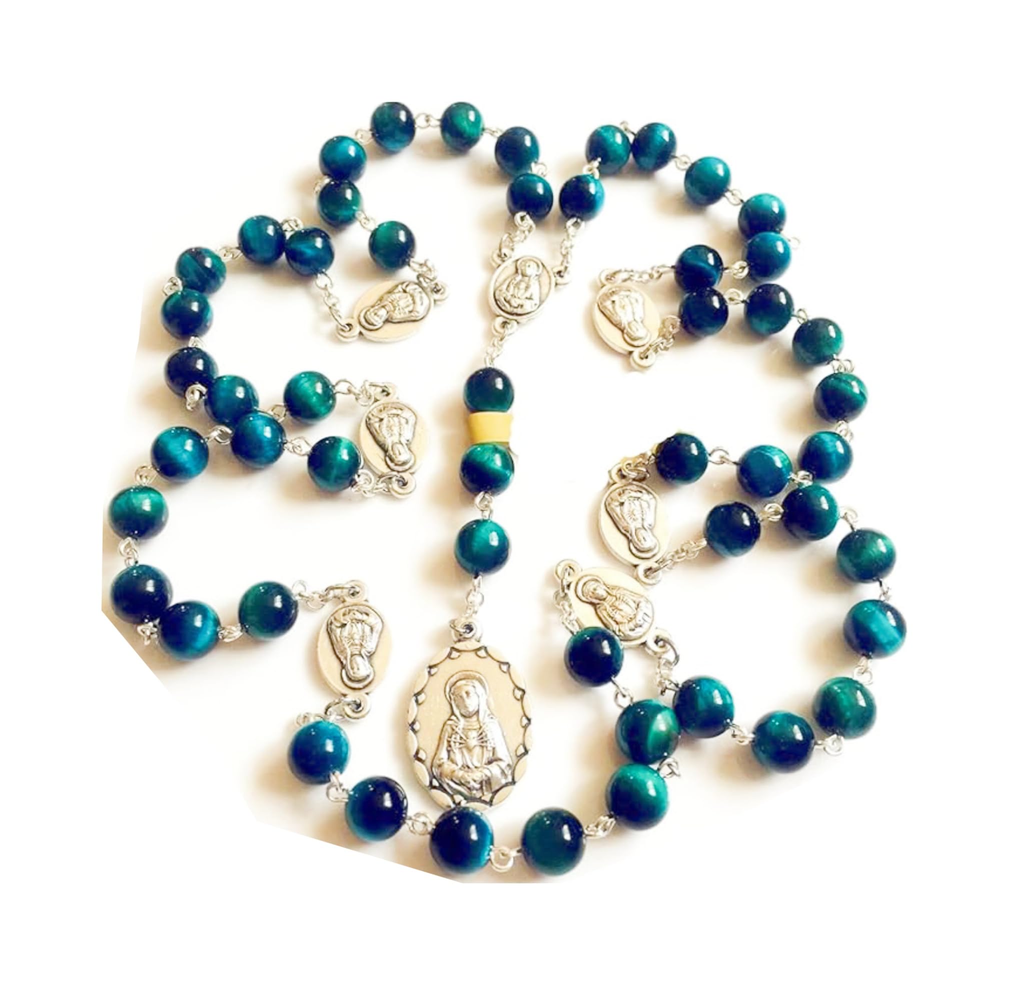 elegantmedical HANDMADE RARE Peacock buleTiger Eye Jade Beads SEVEN 7 SORROWS MARY MEDAL Rosary Necklace Catholic GIFTS