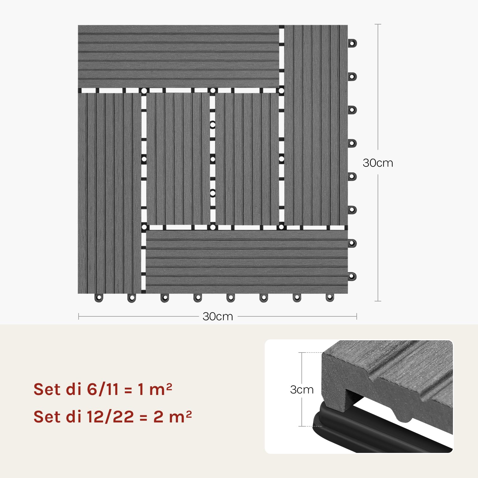 WOLTU Pavimenti da Esterno Balcone/Giardino/Terrazza Piastrelle ad Incastro in WPC, Legno Composito Grigio Chiaro 11 Pannelli / 1 ㎡