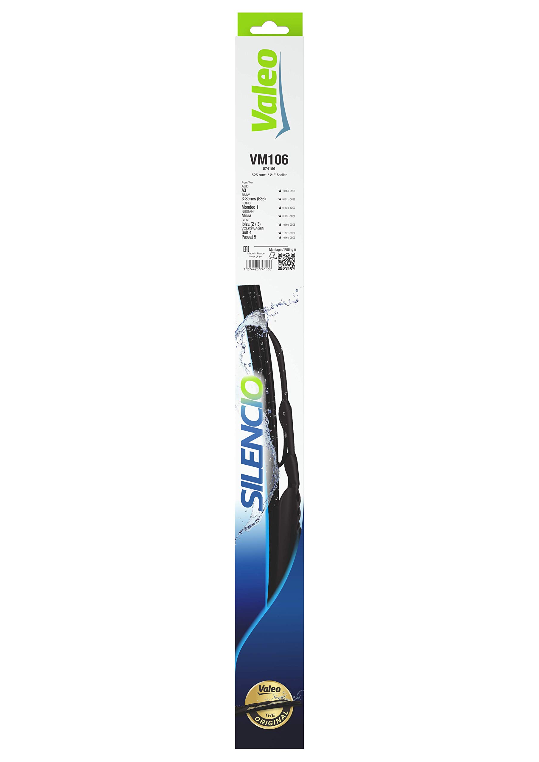 Valeo Silencio Balai d'Essuie-​Glace Conventionnel Aérodynamique avec Spoiler VM106 - Avant - 525 mm - 1 Balai - 574156